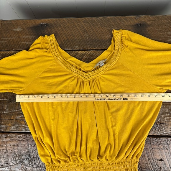 American Rag Mustard Yellow Smocked Boho Top L 3/4 Sleeve V-Neck Blouse - Picture 5 of 8